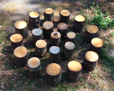 Jessica Baker, Circle of Changes 2016. Coins and pine tree logs. 10' in diameter.