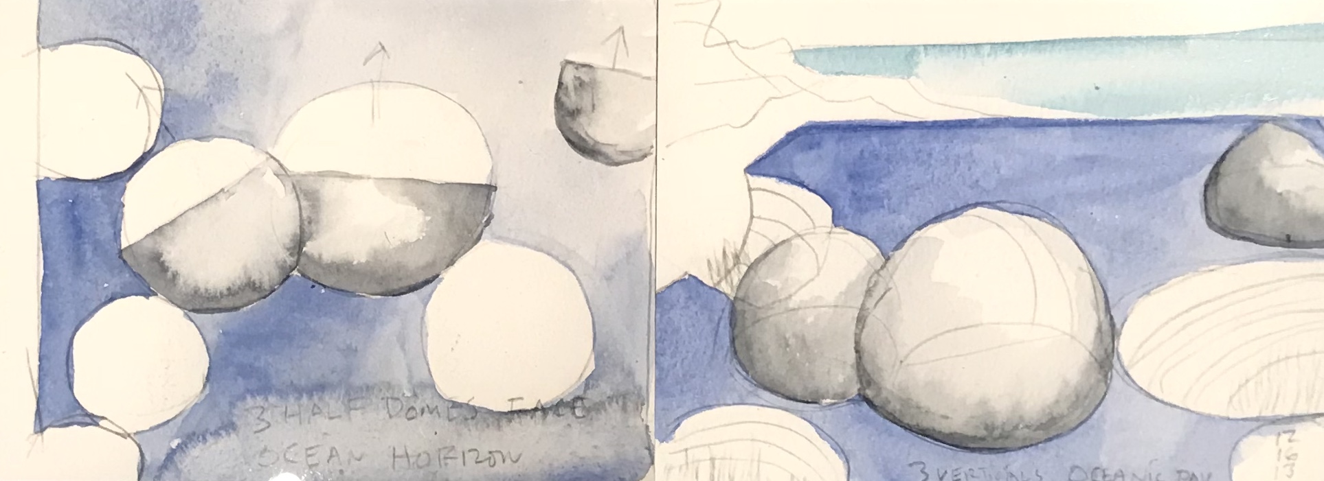“Subtractions & Additions” Ex of IN: Exhibition Table 4. Watercolor and pencil on paper, 5” x 14”